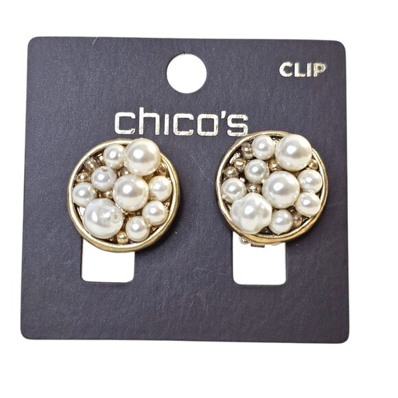 Chicos Gold-Tone Clip-On Earrings With Faux Pearl Cluster Design NWT - Picture 1 of 4